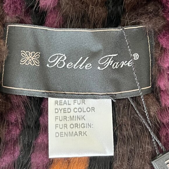 Belle Fare Salo Genuine Mink Fur Knit Pull Thru Scarf  Brown‎ Purple Gold 60" - Picture 6 of 10